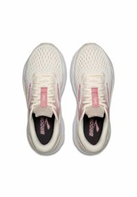 Scarpe da corsa leggere in mesh bianco con accenti rosa, dotate di una soletta imbottita e suola testurizzata per una migliore aderenza.