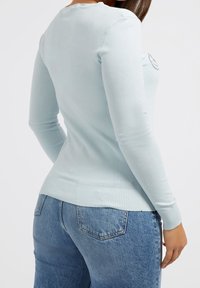 Suéter azul claro de manga larga con puños y dobladillo acanalados, diseño ajustado, textura suave y un detalle bordado sutil en el pecho.