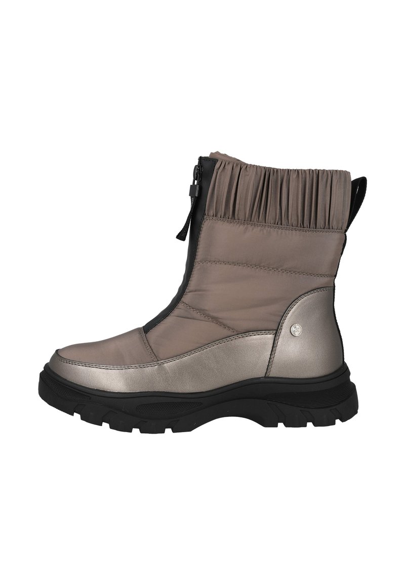 Botas impermeables de media pantorrilla en gris, con parte superior de tejido acolchado, suela de goma negra y cremallera lateral. Presentan tela abullonada en la parte superior.