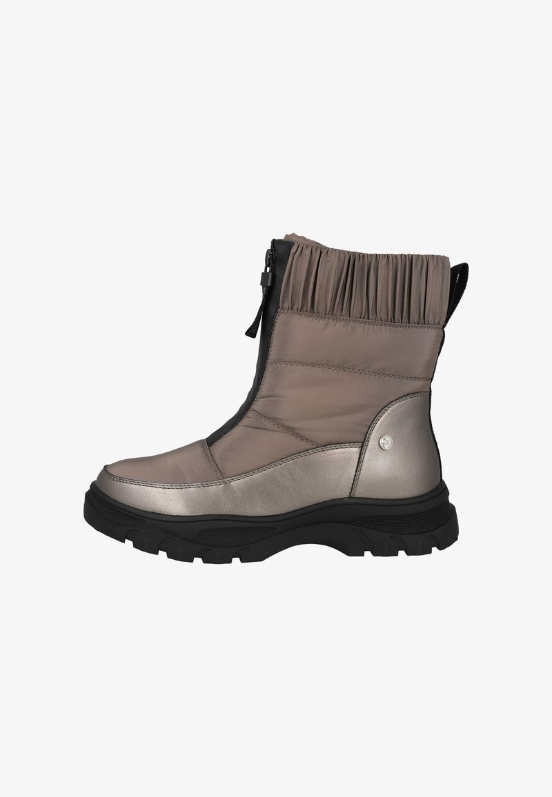 Botas impermeables de media pantorrilla en gris, con parte superior de tejido acolchado, suela de goma negra y cremallera lateral. Presentan tela abullonada en la parte superior.