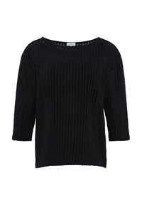 Zwarte gebreide pullover met een losse pasvorm, voorzien van een brede halslijn en driekwart mouwen. De stof heeft een open, gestructureerd patroon.