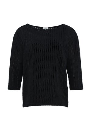 Black knitted pullover with a loose fit, featuring a wide neckline and three-quarter sleeves. The fabric has an open, textured pattern.