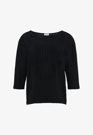 Czarny dzianinowy pulower o luźnym kroju, z szerokim dekoltem i rękawami 3/4. Tkanina ma otwarty, teksturowany wzór.