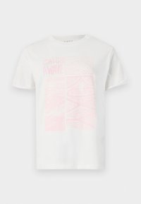 Weißes Baumwoll-T-Shirt mit einem pinken Grafikdruck, der den Text "CATCH A WAVE" und abstrakte Designs auf der Vorderseite zeigt. Kurze Ärmel, runder Halsausschnitt.