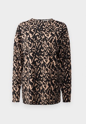 Black long-sleeve top featuring a leopard print in beige. Made of soft, textured fabric. Crew neckline with a relaxed fit.