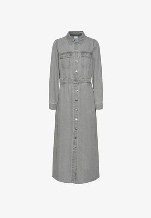 Pelēka denima kreklu kleita ar garām piedurknēm, pogu priekšpuse, divas krūšu kabatas, regulējama jostas virve un izsistie mali.