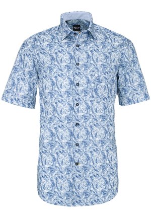 Camicia a maniche corte con bottoni, motivo tie-dye blu e bianco e colletto standard.