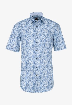 Kurzärmeliges Hemd mit Knopfleiste in Blau-Weiß Batikmuster und Standardkragen.