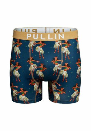Boxers bleu marine avec une ceinture beige portant l'inscription "PULLIN,", décorés d'illustrations répétées de danseuses hula portant des jupes en herbe et des bandeaux floraux.