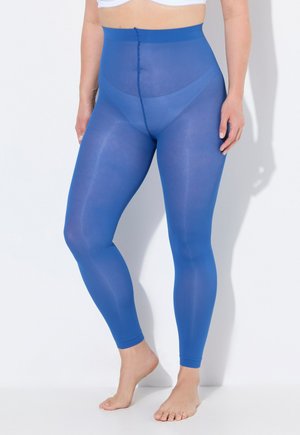 Leggings blu in vita alta realizzati in materiale leggero e elastico con una texture liscia e un design senza cuciture. I piedi sono scoperti.