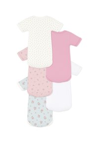 Πέντε κορμάκια με κοντά μανίκια στοιβαγμένα: ένα λευκό με πράσινες βούλες, ένα ροζ, ένα λευκό, ένα ροζ με λουλουδάτο σχέδιο, ένα μπλε ριγέ με λουλούδια.