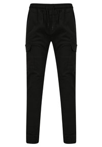 Pantalon cargo noir en tissu robuste, doté d'une ceinture élastique, de poches latérales et de bas resserrés. Design simple et fonctionnel.