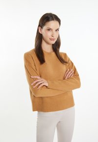 Pulover în nuanțe calde de chihlimbar, realizat dintr-un material moale, cu tiv și manșete cu o textură purtată. Modelul pozează cu brațele încrucișate, purtând pantaloni deschiși la culoare.