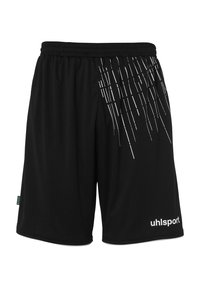 Sorte atletiske shorts lavet af letvægtsstof, med et unikt hvidt diagonalt linjemønster på den ene side og en elastisk talje.