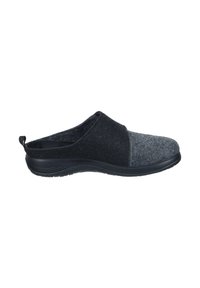 Felt slip-on shoe featuring a black and gray color block design. Rounded toe, soft texture, and a lightweight rubber sole with a rear pull tab.