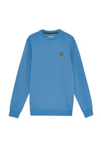 Felpa blu in misto cotone, con collo rotondo, maniche lunghe, polsini a coste e un piccolo logo giallo ricamato sul petto.