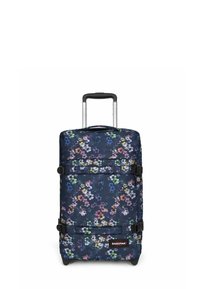 Rolkoffer met een marineblauw bloemenpatroon, gemaakt van duurzaam stof. Voorzien van verstelbare banden, een uitschuifbare handgreep en stevige wielen.