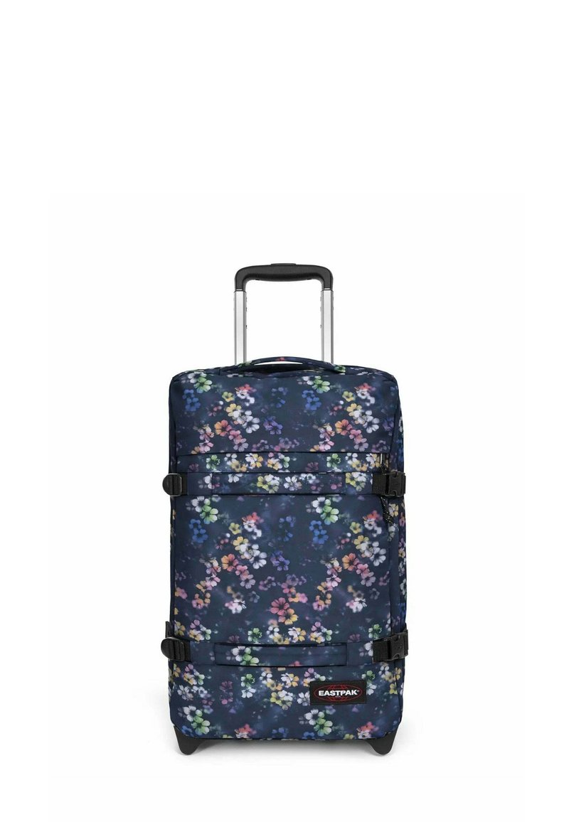 Rolkoffer met een marineblauw bloemenpatroon, gemaakt van duurzaam stof. Voorzien van verstelbare banden, een uitschuifbare handgreep en stevige wielen.