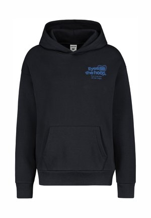 Black hoodie made of cotton blend, featuring a large front pocket, ribbed cuffs, and blue text design on the chest.