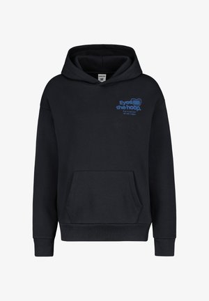 Black hoodie made of cotton blend, featuring a large front pocket, ribbed cuffs, and blue text design on the chest.