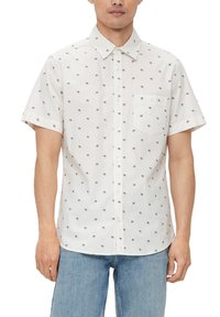 Kurzärmliges weißes Hemd mit kleinem Blumenmuster, button-down Kragen, einer Brusttasche und weichem Baumwollstoff. Lässige Passform.