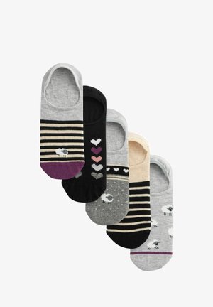 Fünf Paar niedrig geschnittene Socken in verschiedenen Grautönen, Schwarz und Beige. Die Muster umfassen Streifen, Herzen und Schafdesigns.