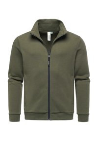Giacca zip-up verde oliva realizzata in tessuto liscio, con colletto alto, maniche lunghe e zip a contrasto. Senza fantasia né dettagli decorativi.