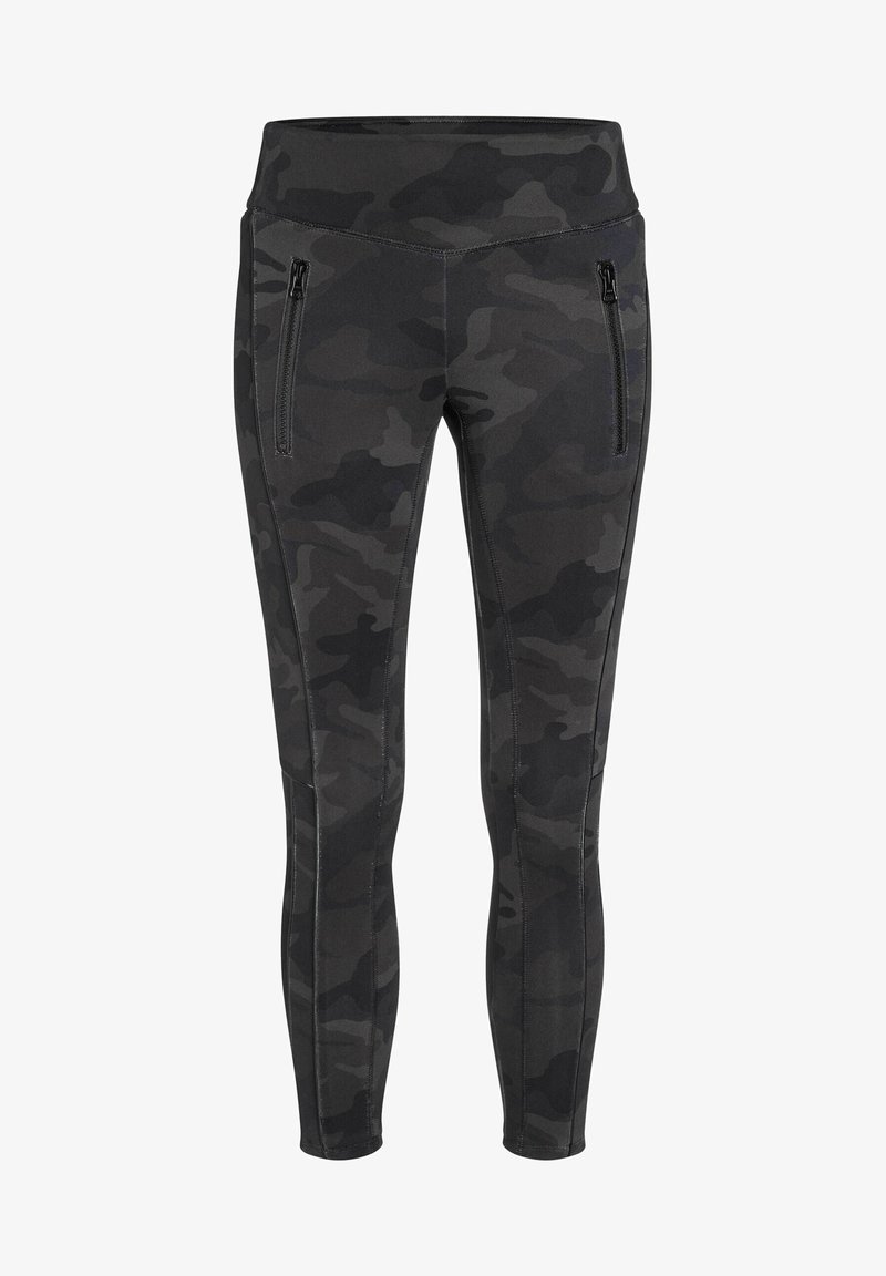 Leggings à imprimé camouflage en gris foncé avec un tissu lisse et extensible. Comprend deux poches latérales zippées et une taille haute pour un ajustement sécurisé.