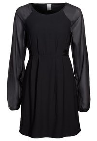 Svart klänning med långa genomskinliga ärmar, rund halsringning, åtsittande liv och en flödande kjol. Tillverkad av mjukt tyg med en minimalistisk design.