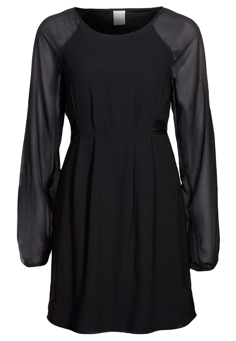 Svart klänning med långa genomskinliga ärmar, rund halsringning, åtsittande liv och en flödande kjol. Tillverkad av mjukt tyg med en minimalistisk design.