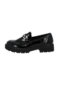 Svart lackläder loafers med en kraftig gummisula, som har en dekorativ metallspänne på ovandelen. Slät, glänsande yta.