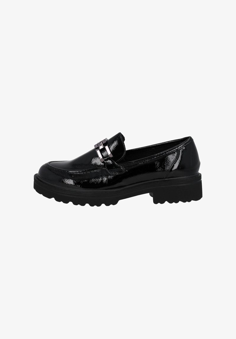 Sorte patentlæder loafers med en chunky gummisål, der har en dekorativ metallisk spænde detalje på overdelen. Glat, blank tekstur.