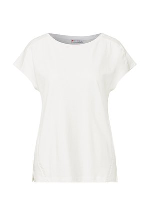 Top bianco a maniche corte con scollatura rotonda, realizzato in morbido cotone, caratterizzato da dettagli di cucitura laterale e una vestibilità comoda.
