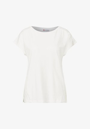 Biała bluzka z krótkim rękawem o okrągłym dekolcie, uszyta z miękkiej bawełny, z dodatkowymi przeszyciami po bokach i luźnym krojem.