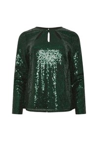 Top lungo a maniche con paillettes verdi e dettaglio a chiave sul retro, caratterizzato da un tessuto testurizzato e una vestibilità aderente, che brilla sotto la luce.