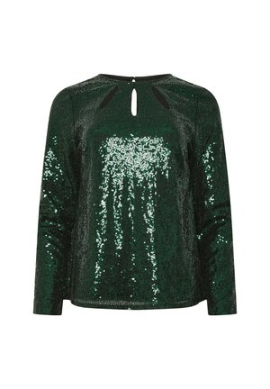Grønne paillet langærmede top med detaljer i nøglehul på ryggen, med struktureret stof og tætsiddende design, der glimter i lyset.