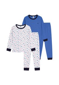 Deux ensembles de pyjamas pour enfants : l'un blanc avec des motifs colorés, et l'autre bleu avec des rayures marines. Les deux présentent des poignets et des encolures contrastés.
