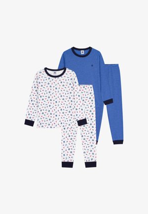 Dois conjuntos de pijamas infantis: um branco com padrões coloridos e outro azul com riscas de marinho. Ambos apresentam punhos e golas contrastantes.