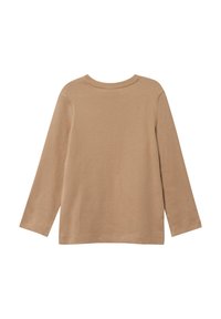 Langarmoberteil aus hellbrauner Baumwolle. Verfügt über einen runden Halsausschnitt und ein schlichtes Design ohne Muster oder Akzente. Glatte Textur. Rückansicht.