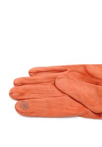 Un paio di guanti in suede arancioni con un piccolo dettaglio di fiore ricamato sul dito indice, mostrati piatti su uno sfondo bianco.