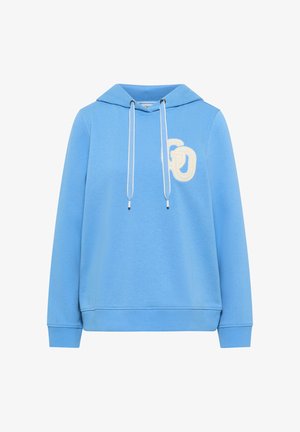 Lichtblauwe hoodie met lange mouwen, witte trekkoorden en een wit, gestructureerd "GD"-logo op de linkerborst.