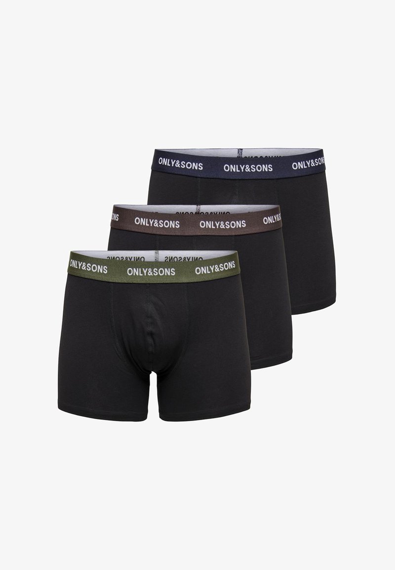 Musta boxerit, joissa on kolme paria joustavyötäröllä tummansinisessä, ruskeassa ja oliivinvärisessä, kaikki joissa on "ONLY & SONS" -brändäys.