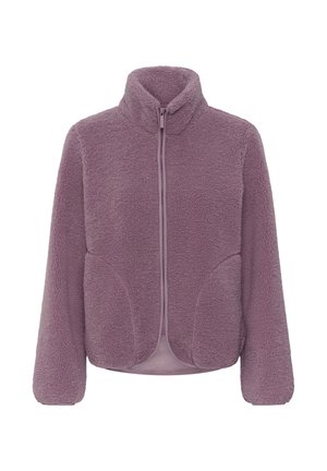 Veste polaire violette à fermeture éclair complète, col montant, manches longues, et deux poches avant, en tissu doux et texturé.