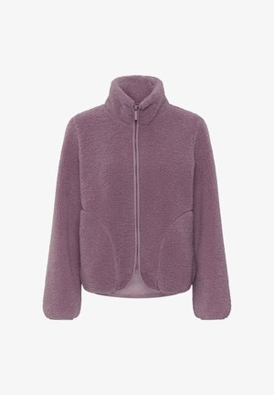 Lilla täislukkidega fliisjakk kõrge kraega, pikkade varrukatega ja kahe eesmise taskuga, valmistatud pehmest, tekstuurse kangaga.