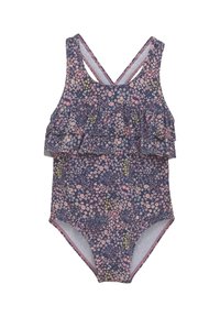 Baddräkt med en marinblå blommönster, med en volangdetalj och korslagda remmar bak. Mjuk, lättviktig tyg.