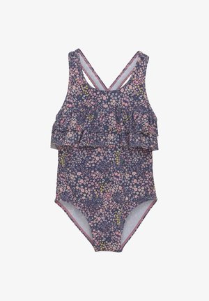 Eén stuk badpak met een marineblauw bloemenpatroon, voorzien van een gerimpelde laag en gekruiste banden aan de achterkant. Zachte, lichte stof.