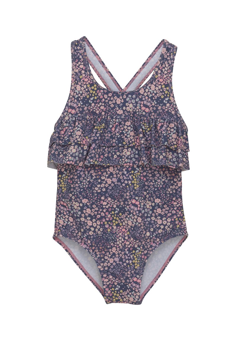 Baddräkt med en marinblå blommönster, med en volangdetalj och korslagda remmar bak. Mjuk, lättviktig tyg.