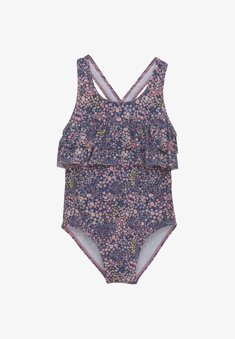 Baddräkt med en marinblå blommönster, med en volangdetalj och korslagda remmar bak. Mjuk, lättviktig tyg.