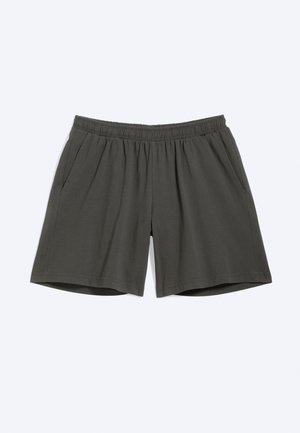 Shorts gris foncé à taille élastique avec poches latérales, en tissu léger, posés à plat sur un fond blanc.