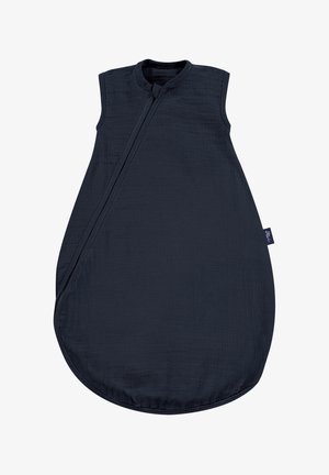 Navy blue sleeping bag with a rounded shape, sleeveless design, and a front zipper. Made from soft, textured fabric with a smooth finish.
